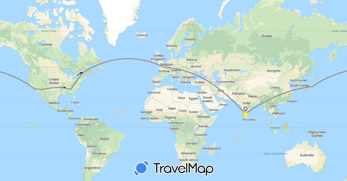 TravelMap itinerary: driving, plane in Canada, France, India, Japan, United States (Asia, Europe, North America)